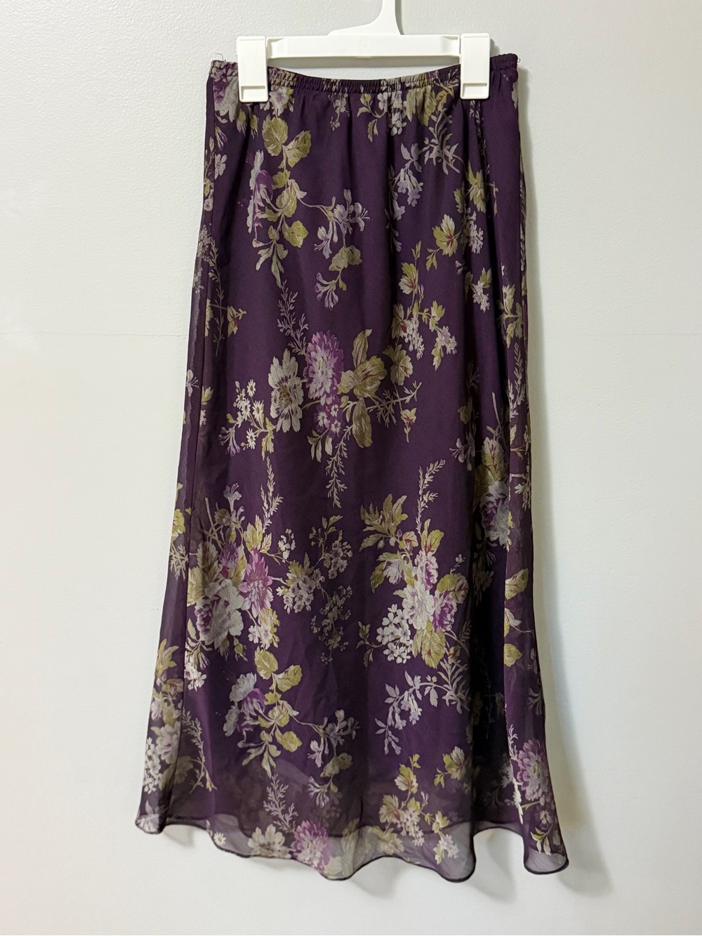 R&M Richards Petite 8P Purple Floral Chiffon Maxi Skirt Elastic Waist